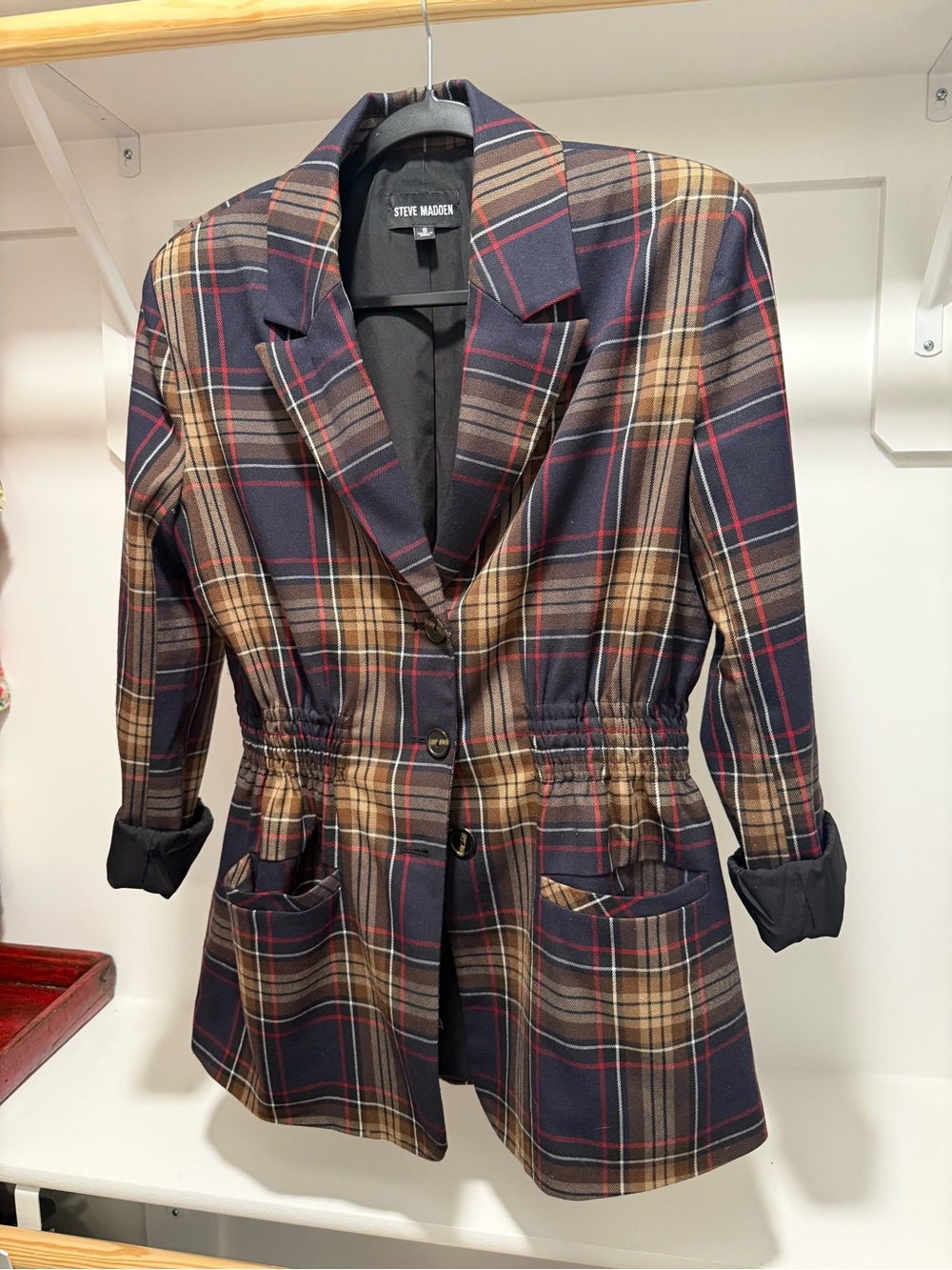 Steve Madden Navy and Brown Plaid Cinched Waist Blazer